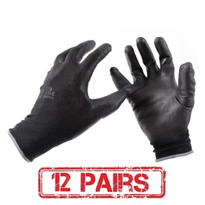 12 Pairs - BLACK NYLON PU GRIP Safety Work Gloves Builders Gardening Mechanic - Picture 1 of 1