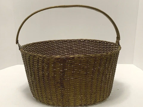 BRASS BASKET Wicker Weave Wire Deep Oval Vintage Gathering Swing Handle 12x9x6" Cover
