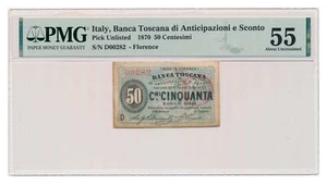 ITALIAN STATES (TOSCANA) banknote 50 Centesimi 1870 PMG AU 55 About Uncirculated - Picture 1 of 7