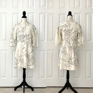 BANANA REPUBLIC Short Dress Ivory Black Tropical Print Linen Blend Sz Petite 10 - Picture 1 of 15
