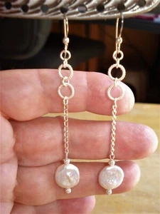 3" Dangle 1/2 in. Freshwater Coin Pearls on Hoop & Chain Sterling .925 Earrings - Picture 1 of 7