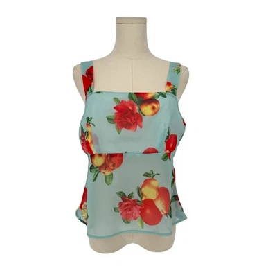 Top Flyaway Vintage Años 90 XOXO Azul Estampado Melocotón y Rosa, Hecho en EE. UU., Talla L Foto 1 de 4