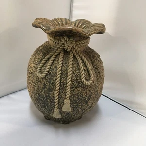 Textured Ceramic Vase with Rope Detail Rustic Earth Tone Flower Holder - Picture 1 of 11