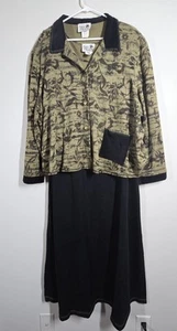 Copa Cabana Vintage 2pc Maxi Dress & Jacket Green Floral Black Corduroy Trim 4X - Picture 1 of 14