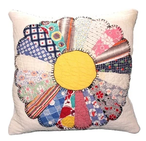 Throw Pillow from Vintage Yellow 1930's Dresden Plate Feedsack Cutter Quilt - Picture 1 of 3