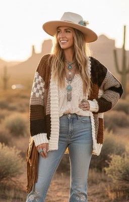 Cárdigan Suéter Abierto Boho Hecho a Mano Crochet Patchwork Marrón Terroso M-XXL Foto 1 de 4
