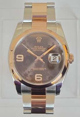 Rolex DateJust 116201 36 mm esfera de diamante floral chocolate de fábrica SS 18k Everose Foto 1 de 4