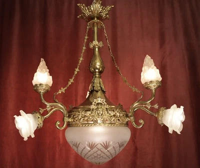 ANTIGUA ARAÑA FRANCESA LATÓN BRILLANTE 7 LÁMPARAS CUENCOS HOJAS DE ROSA 33Ø Foto 1 de 4