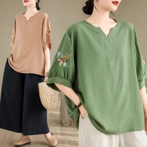 Women 3/4 Sleeve T Shirt Floral Embroidery Cotton Linen Blend Top Loose Fit Thin - Picture 1 of 9