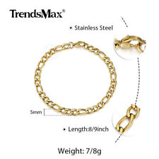 3/5/7/9mm Gold Plated Stainless Steel Figaro Link Chain Bracelet Men Women 7-10"