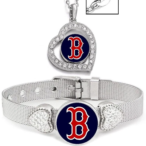 2PcSet Boston Red Sox Womens Sterling Silver Necklace With Bracelet Cover