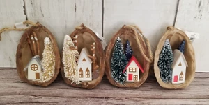 2024 Target Wondershop 4 Mini House Bottle Brush Tree Scene Christmas Ornaments - Picture 1 of 6