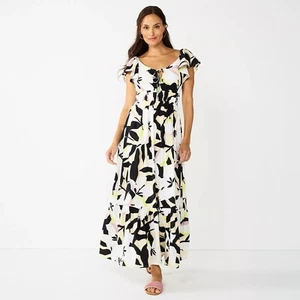 Nine West Flutter Maxi Tiered Dress Black Yellow White Size XXL NWT - Picture 1 of 9