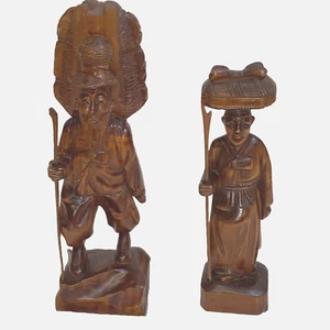 Vintage Hand Carved Asian Man w/ Staff & Bundle Woman w/ Bundle Wood Figures - Picture 1 of 14