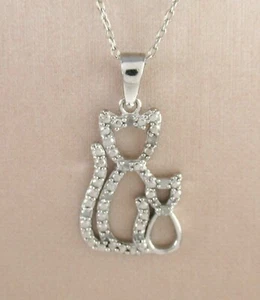 .925 Sterlingsilber Diamant Katze Anhänger Halskette Mutter & Baby Kätzchen 16" - Bild 1 von 2