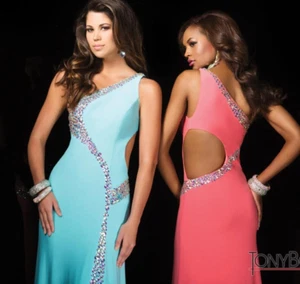 Tony Bowls Evening CORAL 2 LONG JERSEY GOWN FORMAL PROM PAGEANT DRESS $600 11451 - Picture 1 of 5