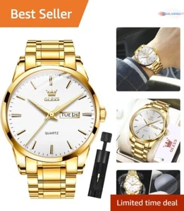 Men's Gold Stainless Steel Watch Analog Quartz Dress Casual Luminous Waterproof - Picture 1 of 11