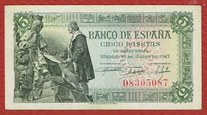 BANCO DE ESPANA 15. 6. 1945 5 PESETAS (P-129a) CH XF - Picture 1 of 2