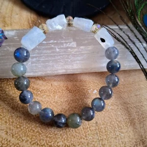 Roh weißer Mondstein und Labradorit Armband Kristall Heilung Geschenk für sie  - Bild 1 von 10