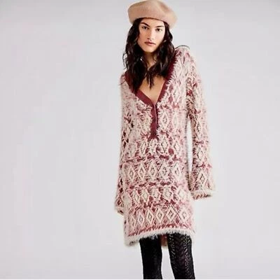Vestido Free People Nuevo con Etiquetas Fuzzy Feelings Tejido Estilo Mohair Crema Rojo Morera Talla M Foto 1 de 4
