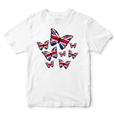 THE CLOTHING SHED Union Jack Butterflies Kids T Shirt shirt Country Sports Event Girl Girls uni...