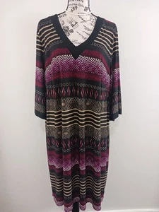 Sandra Darren Dress Womens 20W Black Pink Beige Geometric Print V Neck Midi Boho - Picture 1 of 8