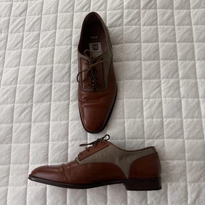 BRUNO MAGLI Mens Shoes 9M Brown Leather Solo Canvas Oxford Dress Made Italy - Picture 1 of 15