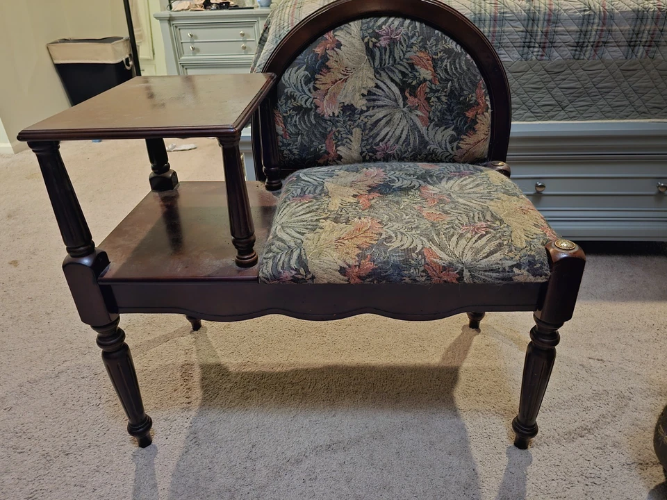 老式 20 世纪 40 年代木质八卦长椅电话座椅-古董入口家具 — 第 1/4 张图片