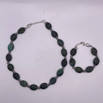 Conjunto de collar y pulsera de jaspe de crisocola cuentas tono plata piedras verdes azules Foto 1 de 4