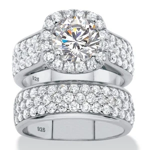 4.43 TCW Cubic Zirconia Platinum-plated Silver 2-Piece Halo Bridal Ring Set - Picture 1 of 5