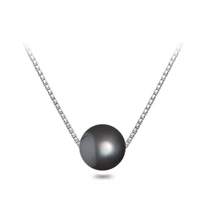 8.5mm Black Floating Shell Pearl Pendant Necklace 18" Sterling Silver Box Chain - Picture 1 of 6