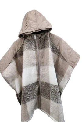 Ponco para mujer sin marca S/M con capucha marrón y crema a cuadros detalles acolchados cremallera Foto 1 de 4