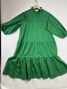 David Jones Embroidered Tier Button Up Dress Women’s Size 16 Green 100% Cotton - Picture 1 of 14