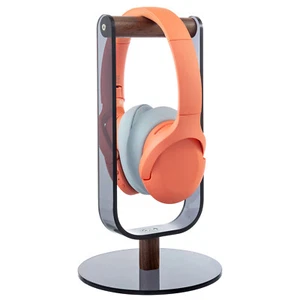 Black Acrylic & Wood Bar Headphone Stand, Standing Tabletop Headset Cradle Rest - Picture 1 of 7