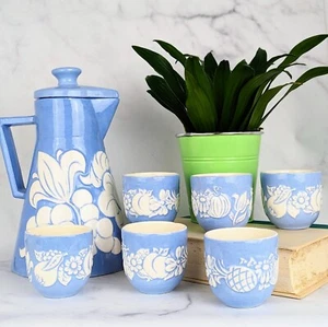 Blue Pottery Handmade Pitcher 6 Cup Set 1960s Vintage MCM Fruit Floral Signed - Picture 1 of 12