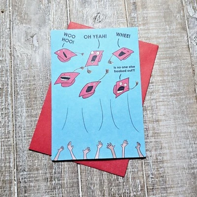 Recycled Paper Greetings Graduation Card Blue Red Caps Congrats Cartoon - Image 1 of 4