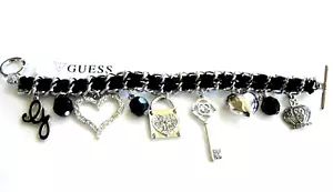 NEW GUESS BLACK RIBBON SILVER TONE CHARM HEART,KEY,RHINESTONES CROWN BRACELET - Picture 1 of 8