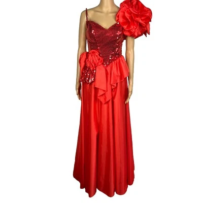 Alyce Designs Vtg Party Dress 8 Red Sequin One Shoulder Drop Waist Cottage Chic - Image 1 of 4