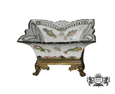 Vintage English Export Hand Painted Floral Design Ceramic Bowl w/Brass Stand - Image 1 of 4