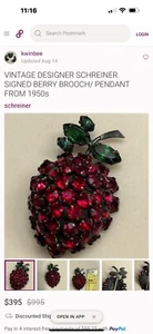 Broche de piedras preciosas de fresa Schreiner New York de colección raro firmado años 50 - Imagen 1 de 10