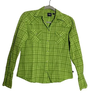 Cruel Girl Womens Top Small Green on Green Snap Front Long Sleeve Cowgirl Plaid - Image 1 of 4