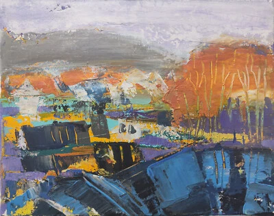 Original Acrylic painting 10"x8", Landscape Town View, Orange Trees, Abstraction - Image 1 of 4