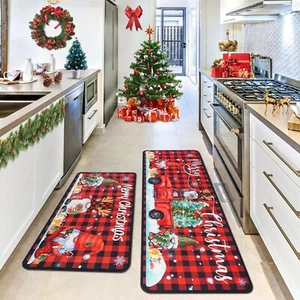 Christmas Kitchen Mats, Merry Christmas Kitchen Rugs Set of 2 - Red Black Buffal - Picture 1 of 7
