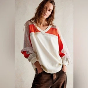 NWT We The Free People Roadside Tee Oversized Slouchy Cotton Mesh Ivory Size M - Picture 1 of 9