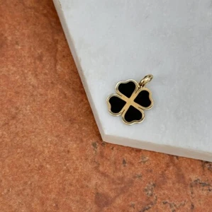 14KT Yellow Gold Irish 4Leaf Genuine Black Onyx Inlay Clover Pendant Charm Small - Picture 1 of 6