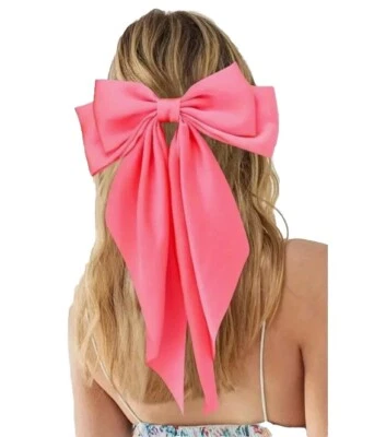 Pink Coral Satin Stylish Bow Big Ribbon Hair Clip Tie All Hair Types Non Slip - Image 1 of 4
