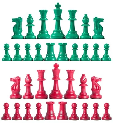Staunton Triple Weighted Chess Pieces – Full Set 34 Green & Red -  4 Queens   - Image 1 of 3