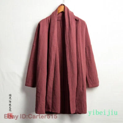 Chinese Style Men's Hanfu Cotton Linen Mid Length Long Windbreaker Jackets Coats - Image 1 of 4