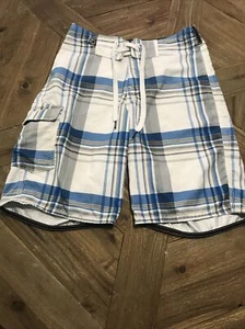 Lost Enterprises Size 28 Board Shorts Swim Trunks Blue Plaid Cargo Pocket - Picture 1 of 5