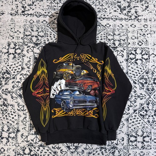 GUCCI Felpa con cappuccio vintage unisex cotone nero taglia S anni 90 carte gioco auto vestibilità regolare